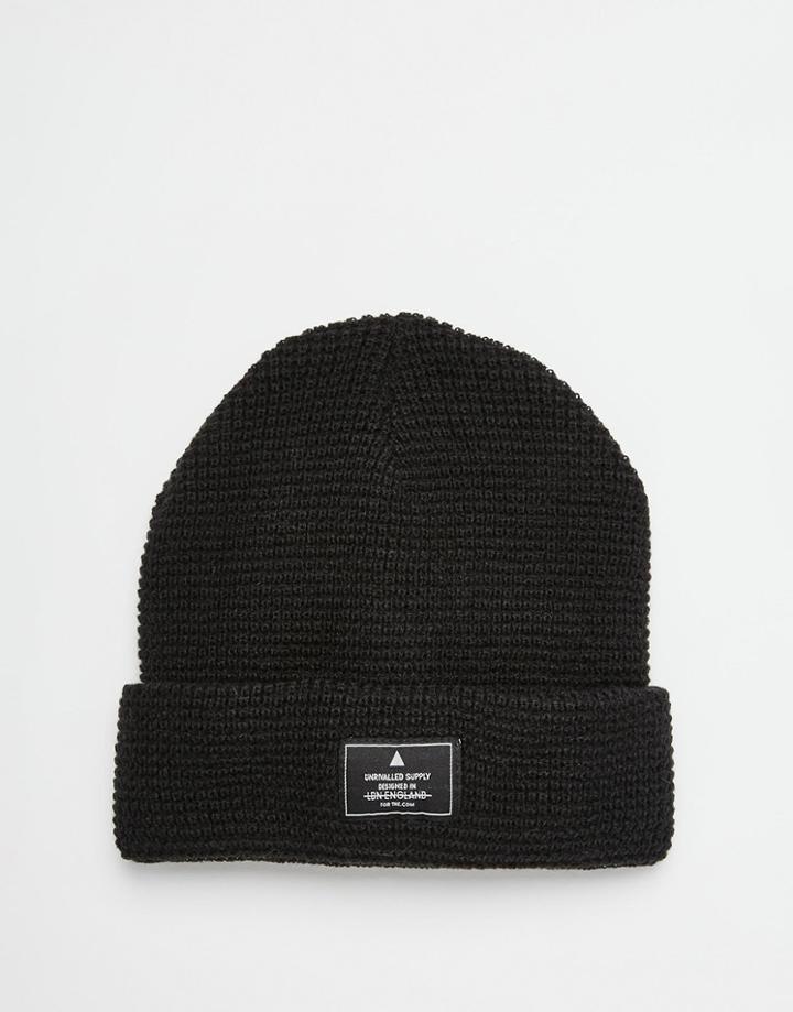 Asos Waffle Beanie With Patch In Black - Black