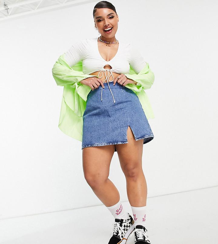 Asos Design Curve Denim Slit Front Mini Skirt In Midwash-blues