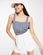 Pieces Tie Back Crop Top In Navy & White Check-multi