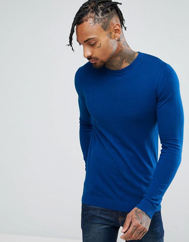 Asos Crew Neck Muscle Fit Cotton Sweater In Bright Blue - Blue