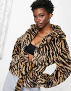 Daisy Street Relaxed Belted Faux Fur Jacket In Tiger-multi