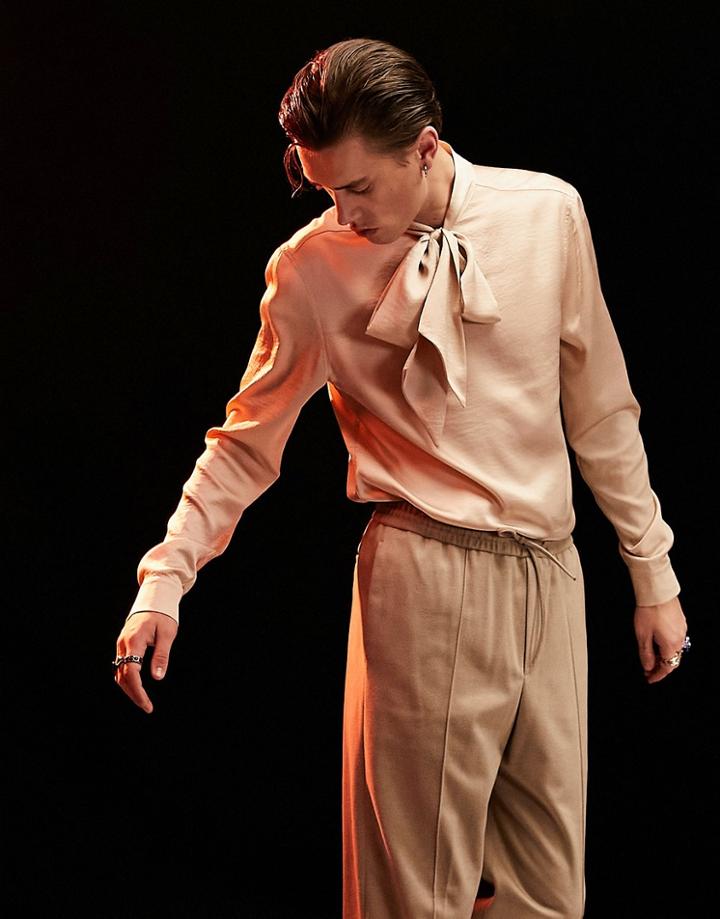 Asos Design Regular Satin Shirt With Pussybow Neck Tie In Champagne-blonde