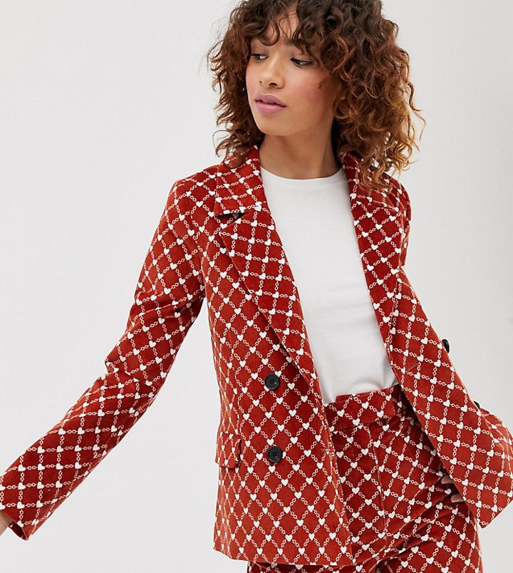 Monki Heart Chain Print Cord Double Breasted Two-piece Blazer In Rust - Brown
