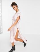 En Cr Me Midi Smock Dress With Tie Waist In Pink Stripe