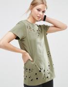 Asos T-shirt In Boyfriend Fit With Distressed Detail - Green