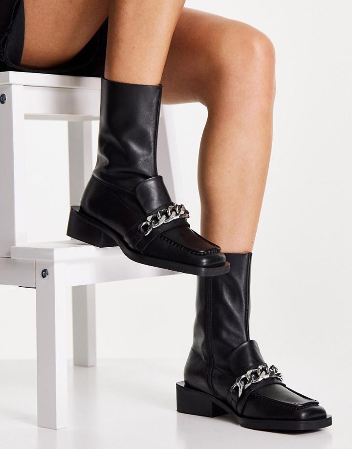 Asos Design Alarm Premium Leather Loafer Boots With Chain In Black