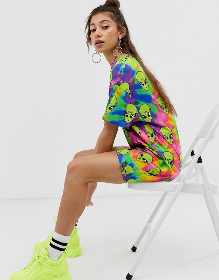 Jaded London Oversized T-shirt Dress In Tie Dye & Alien Graphic-multi