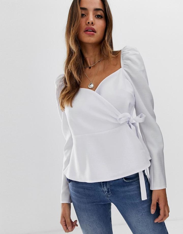 Asos Design Long Sleeve Wrap Top With Sweetheart Neckline - White