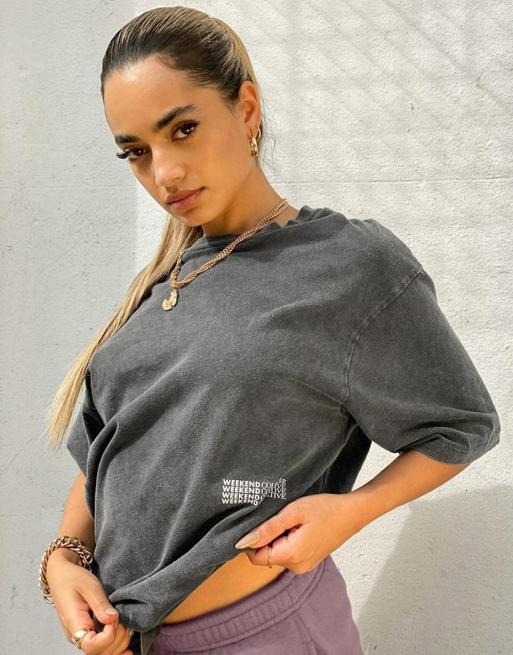 Asos Weekend Collective Set Oversized T-shirt In Washed Charcoal With Mini Logo-grey