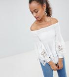 Parisian Petite Off Shoulder Shirred Detail Top With Crochet Hem - White