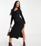 Asos Design Tall Knitted Dress With V Neck In Rib In Black