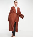 Threadbare Plus Emerald Tie Waist Maxi Cardigan In Chocolate Brown
