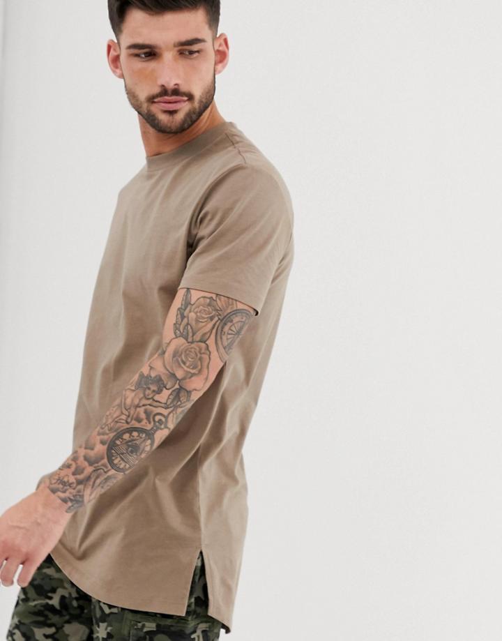 Asos Design Longline T-shirt With Side Splits In Beige - Beige