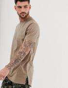 Asos Design Longline T-shirt With Side Splits In Beige - Beige