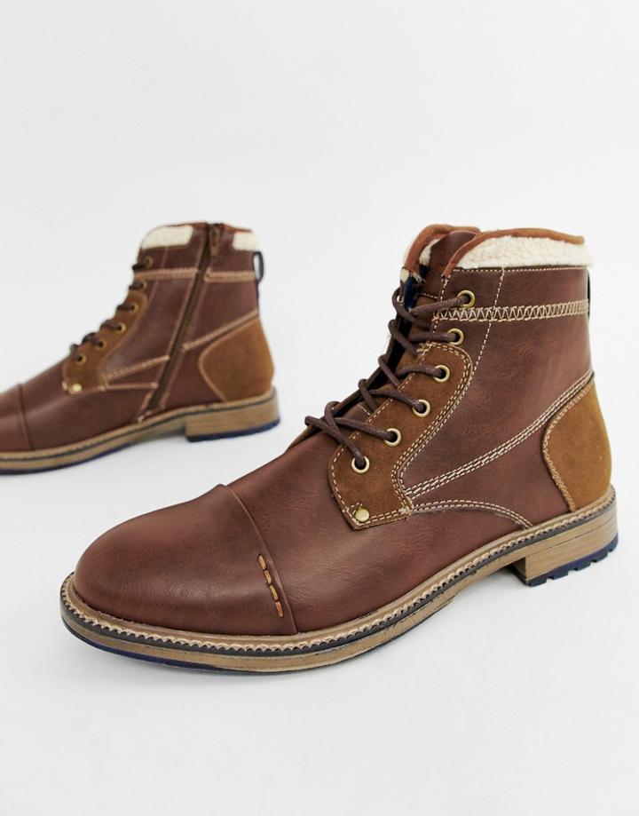 River Island Faux Leather Boots With Fleece Lining In Tan
