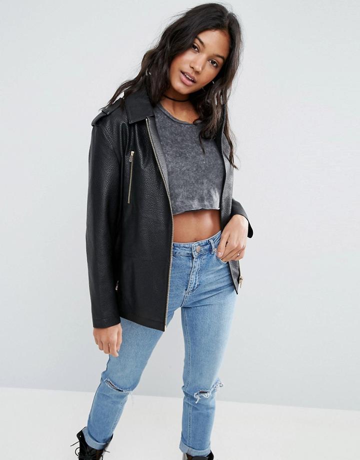 Asos Premium Biker Jacket In Oversized Fit In Textured Leather - Black
