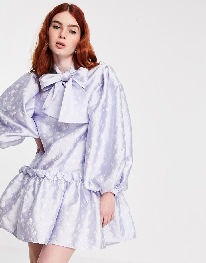 Sister Jane Mini Smock Dress With Oversized Bow In Jacquard-blues