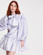 Sister Jane Mini Smock Dress With Oversized Bow In Jacquard-blues