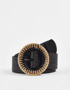 Asos Design Straw Belt Waist And Hip Belt With Rattan Buckle In Black