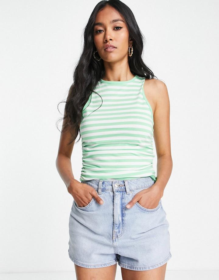 Asos Design Ruched Side Tank In Green And White Stripe-multi
