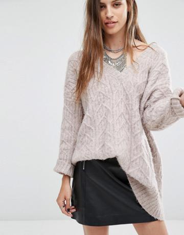 Religion Luxury Oversized V-neck Sweater In Fluffy Knit - Stone