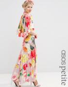 Asos Petite Wedding Printed Pleated Maxi With Drape Back & Cape Sleeve - Multi