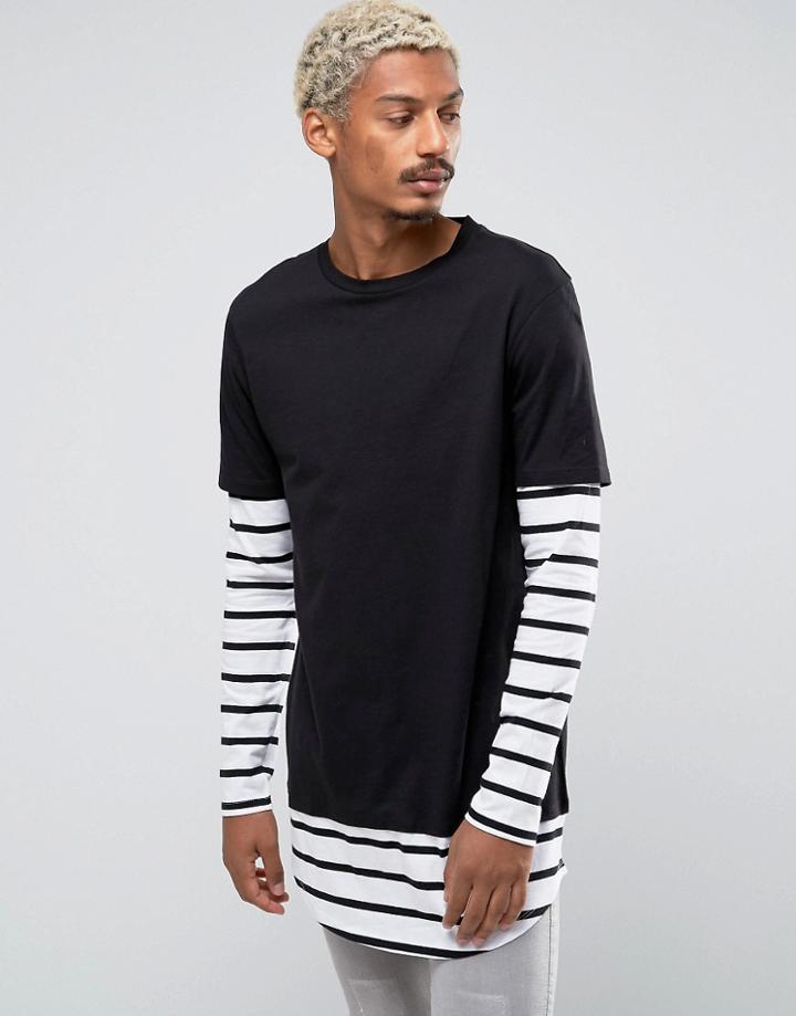 Asos Longline Long Sleeve T-shirt With Stripe Double Layer Effect - Bl