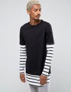 Asos Longline Long Sleeve T-shirt With Stripe Double Layer Effect - Bl