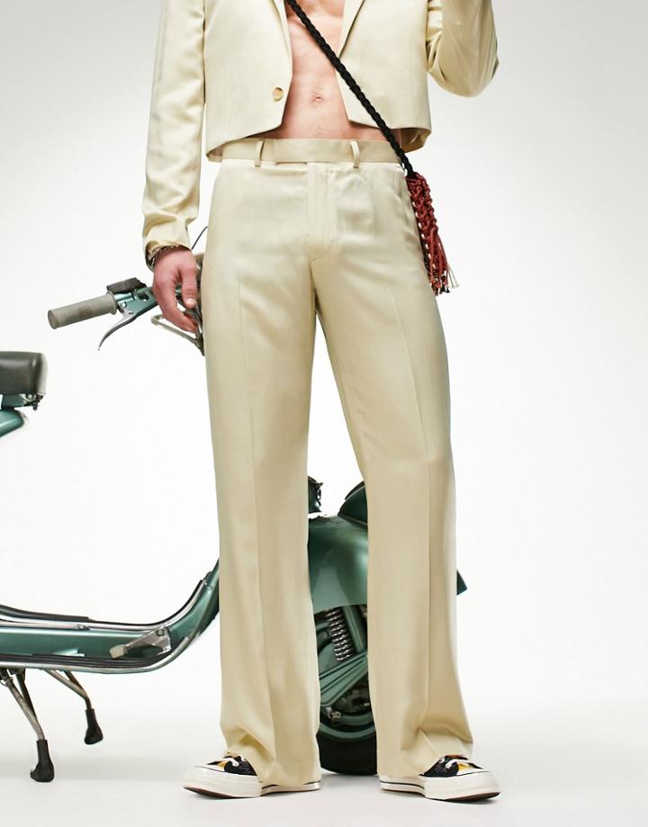 Asos Design Flare Suit Pants In Butter Yellow Satin