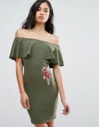 Parisian Off Shoulder Frill Detail Dress With Rose Embroidery - Green