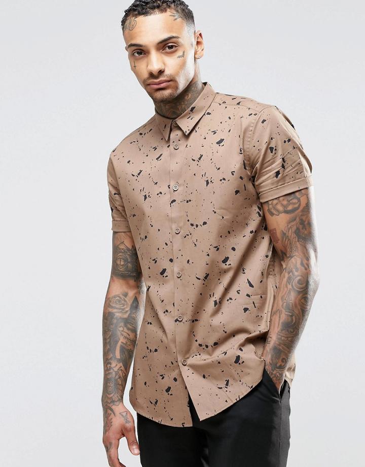 Asos Brown Shirt In Paint Splatter Print In Regular Fit - Khaki
