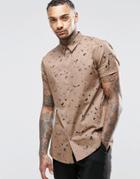 Asos Brown Shirt In Paint Splatter Print In Regular Fit - Khaki