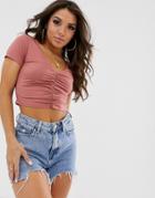 Asos Design Ruched Front Short Sleeve Tee In Pink