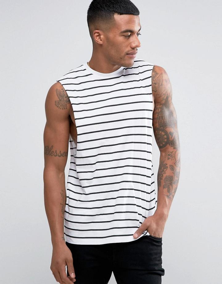 Asos Relaxed Stripe Sleeveless T-shirt With Dropped Armhole - White