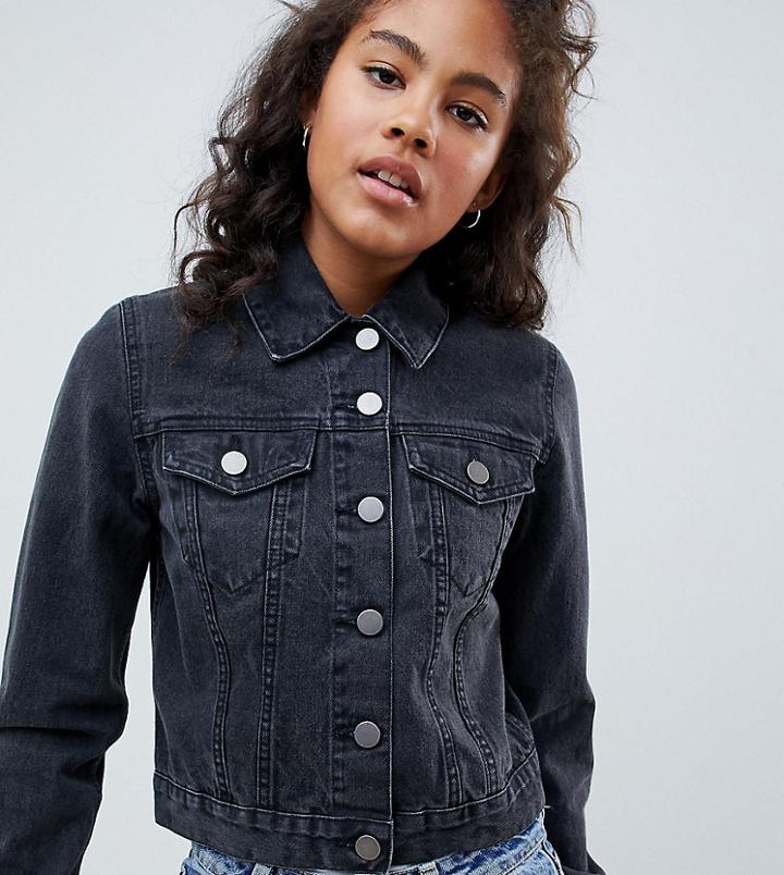 Asos Design Tall Denim Shrunken Jacket In Washed Black