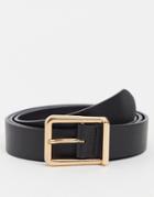 Asos Design Slim Belt In Black Faux Leather With Square Gold Buckle