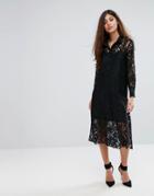 Closet Long Sleeve Collared Lace Shirt Dress - Black