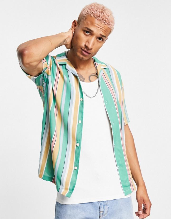 Pull & Bear Revere Stripe Shirt In Green-grey