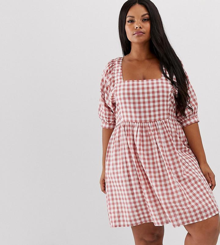 Asos Design Curve Chuck On Square Neck Mini Smock Dress In Gingham - Multi