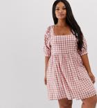 Asos Design Curve Chuck On Square Neck Mini Smock Dress In Gingham - Multi