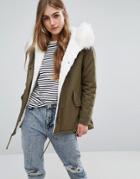 Missguided Short Faux Fur Lined Parka - Green