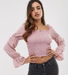 Boohoo Shirred Top With Puff Sleeves In Pink Gingham - Multi