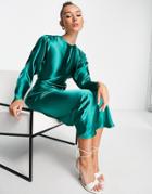 Asos Design Satin Batwing Bias Cut Maxi Dress In Green