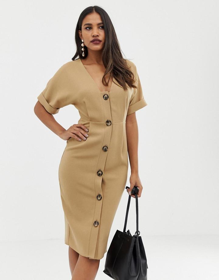 Asos Design Button Through Midi Wiggle Dress-beige