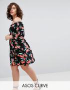 Asos Curve Shirred Bardot Mini Dress With Trumpet Sleeve In Floral Print - Multi