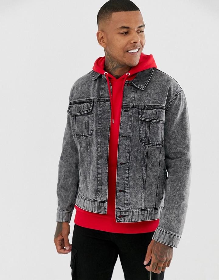 Asos Design Oversized Denim Jacket In Acid Wash Black - Black