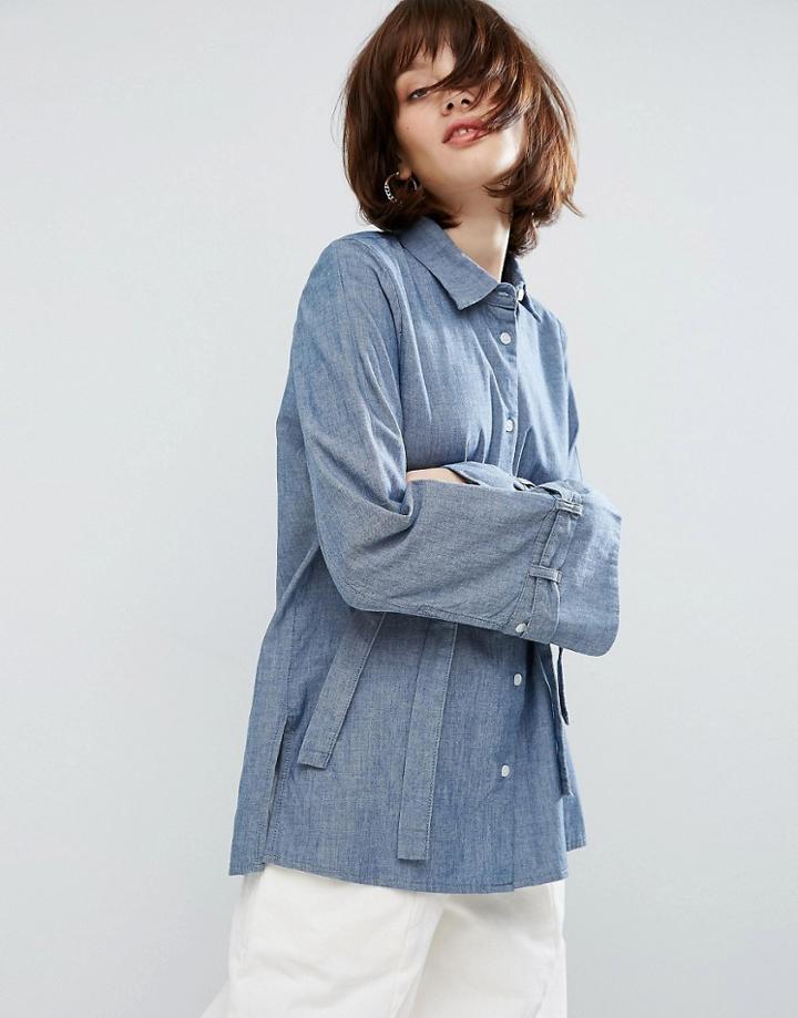 Asos Denim Shirt With Oversized Sleeve And Cuff In Mid Wash Blue - Blu