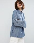 Asos Denim Shirt With Oversized Sleeve And Cuff In Mid Wash Blue - Blu