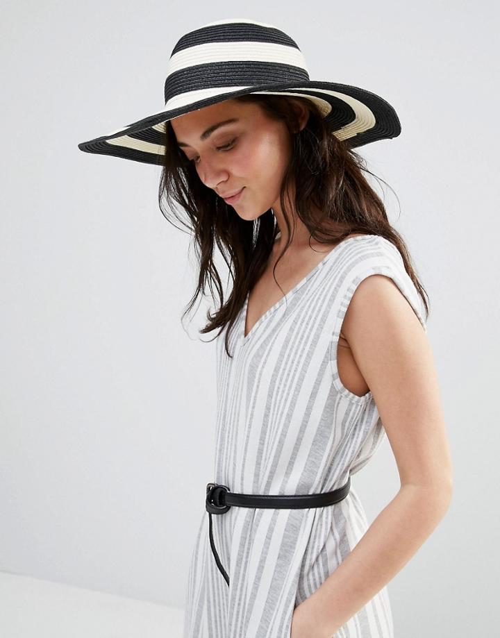 Liquorish Stripe Straw Floppy Hat - Black