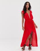 Asos Design Plunge Beach Maxi Dress With Ruffle Shoulders & High Low Hem - Red